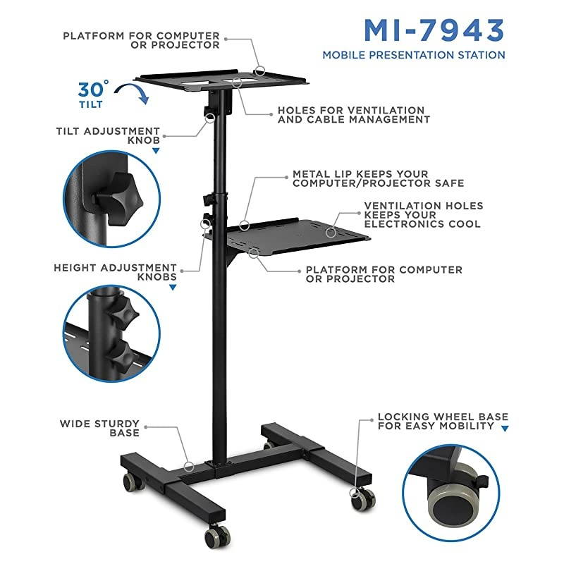 Mobile Projector Stand Rolling Height Adjustable Laptop and Projector Presentation Cart and Trolley Black