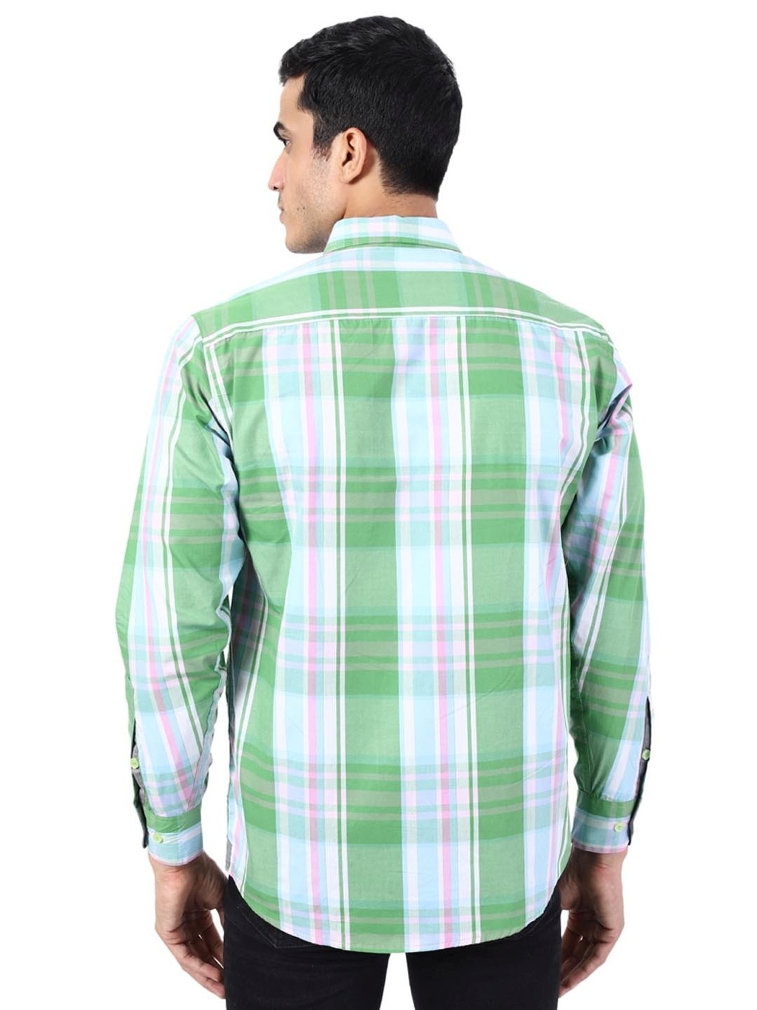 TAHVO Green & White Cotton Slim Fit Checks Shirt