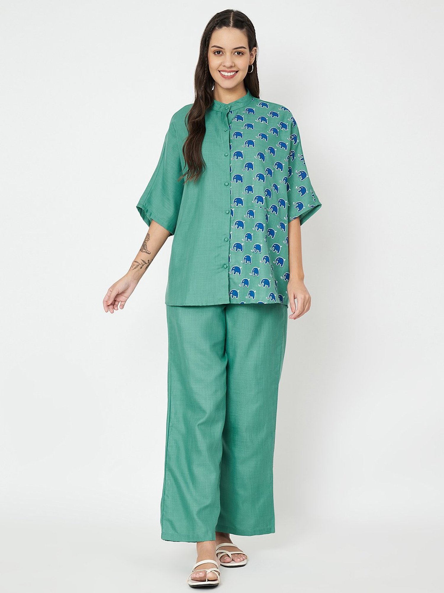 9rasa Green Shirt With Pant Set