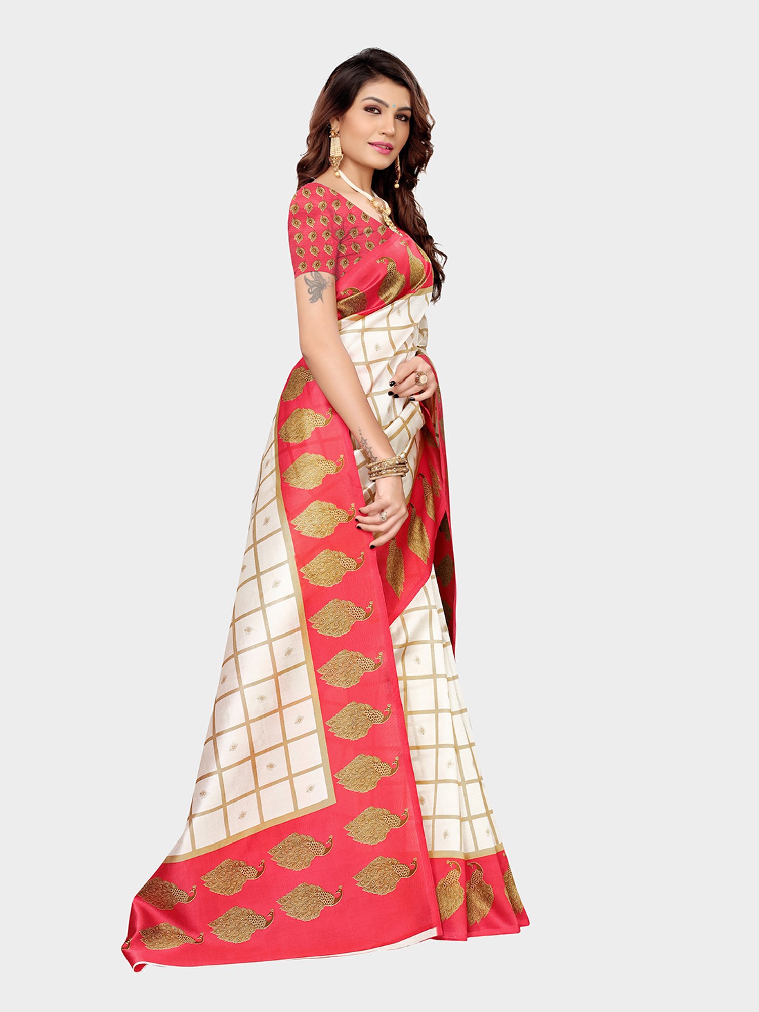 KSUT Ivory & Pink Check Saree With Blouse