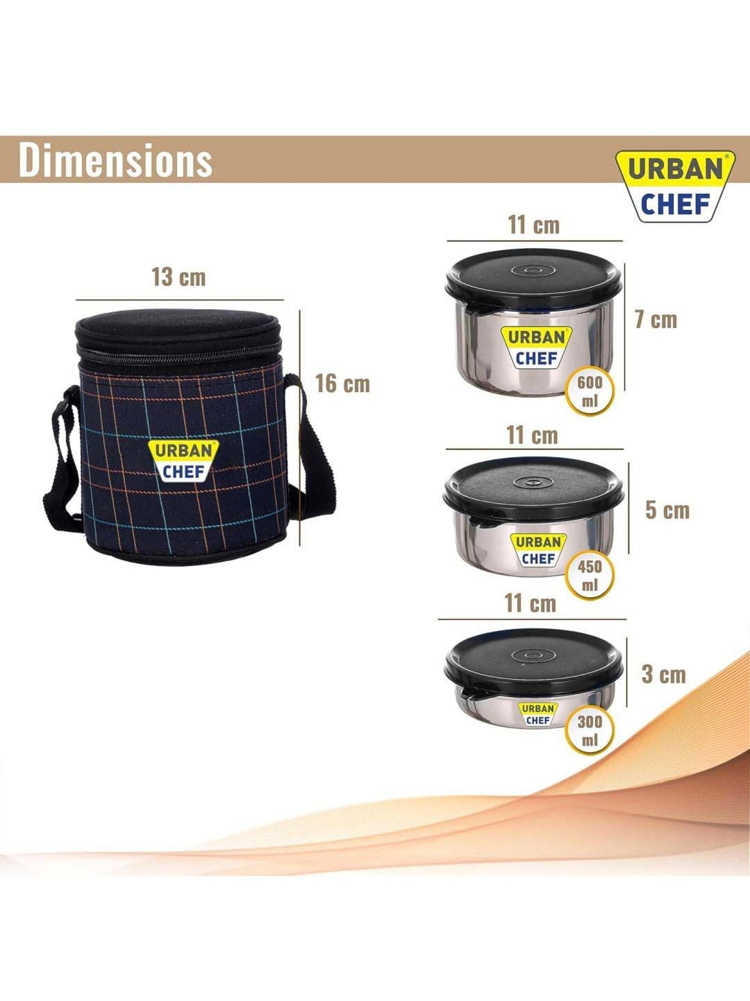 Urban Chef Black Stainless Steel Essential 3 Containers Lunch Box - Set of 3