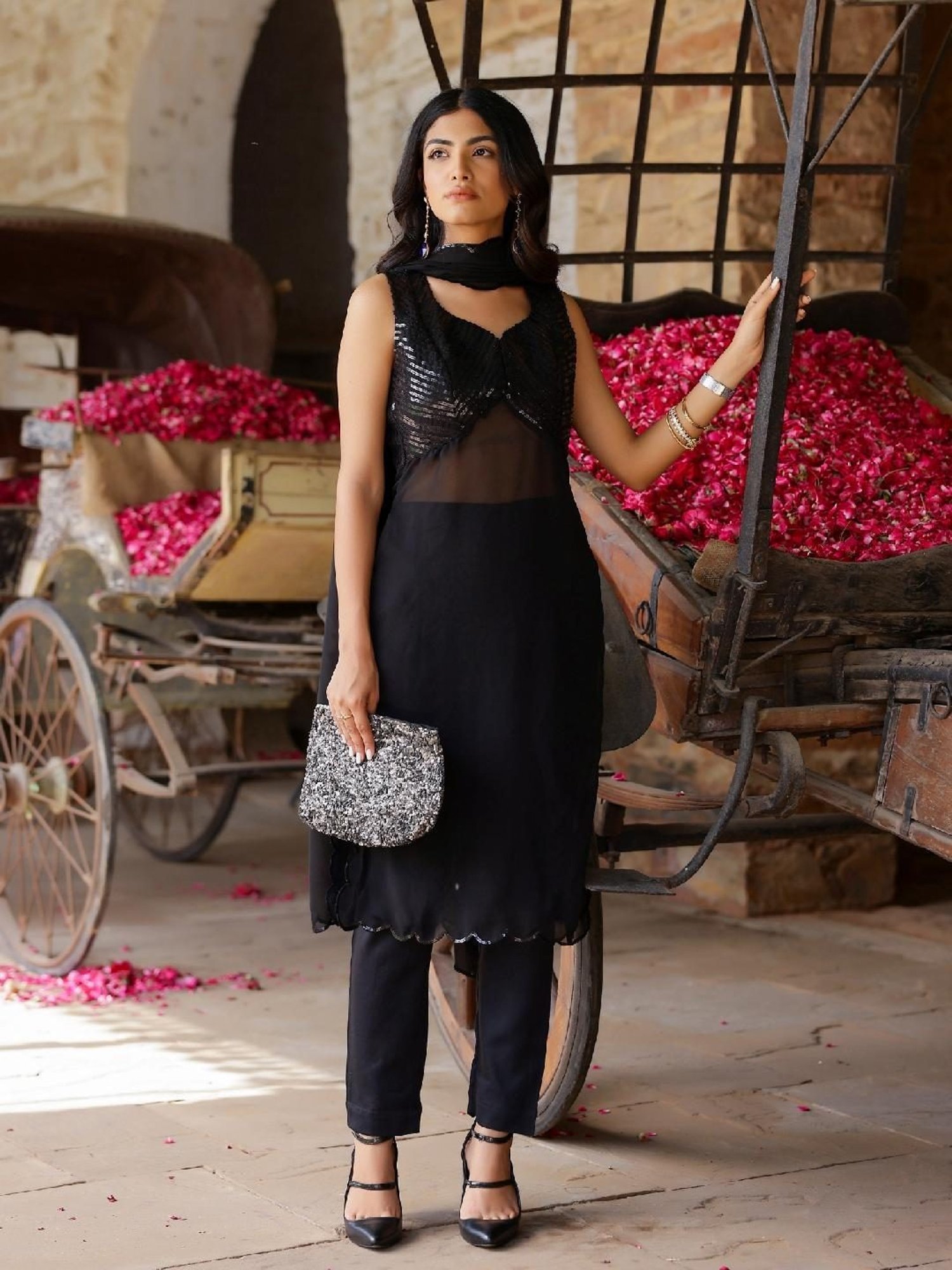 Gulaal Black Sequin Georgette Kurta and Pant with Dupatta