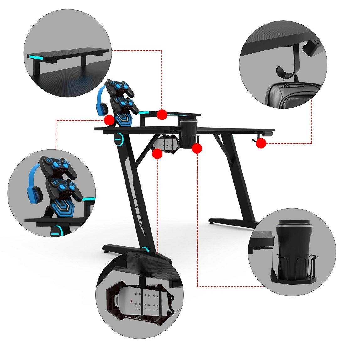 Z-shaped Game Table with Monitor Stand & RGB Light & Cup Holder & Headphone Hook & Plug board Holder, Size: 47.24x23.62x30 inch