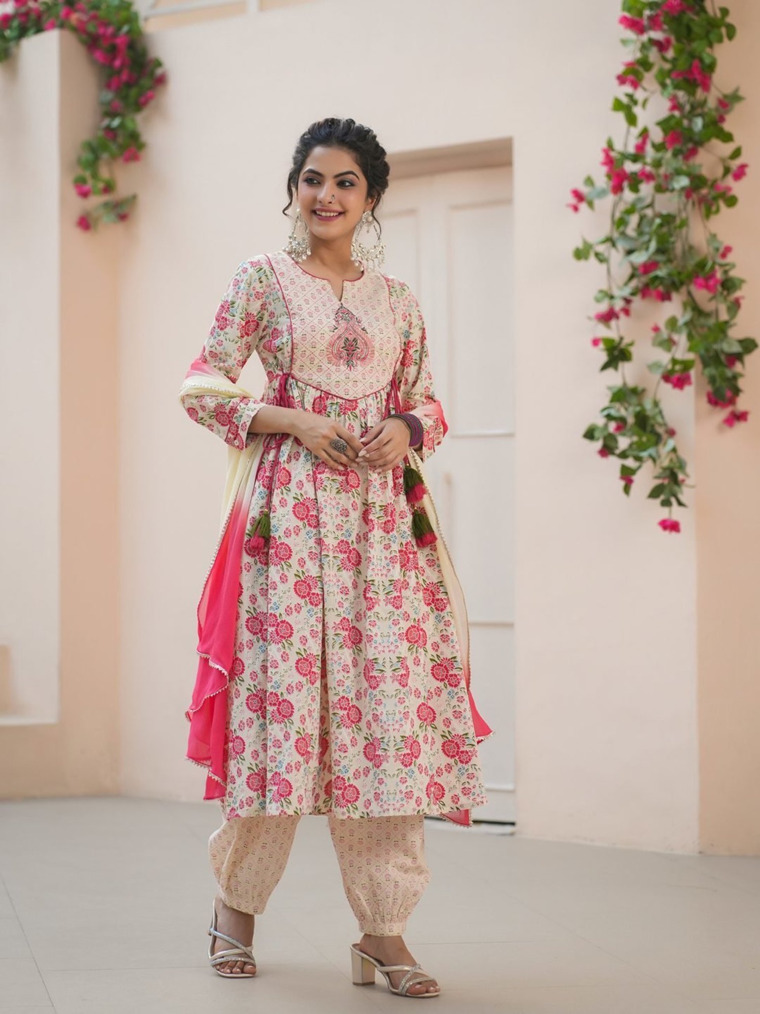 Rain and Rainbow Cream Cotton Embroidered Kurta & Salwar Set With Dupatta