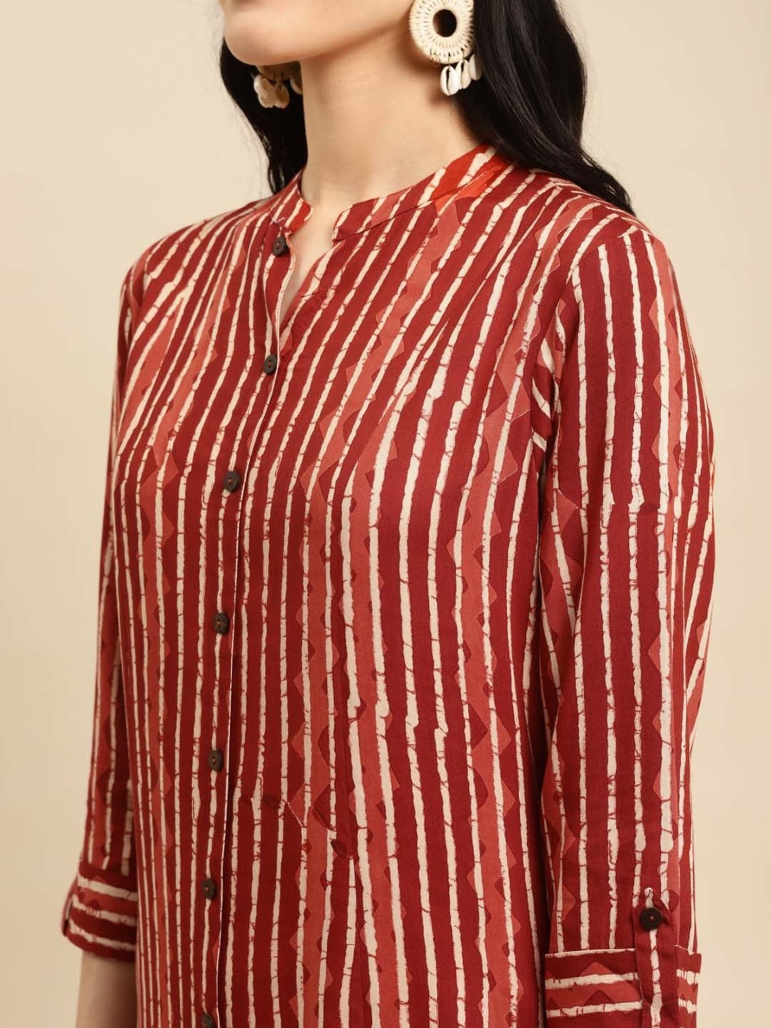 Rangita Maroon & Off-White Striped Kurta Pant Set