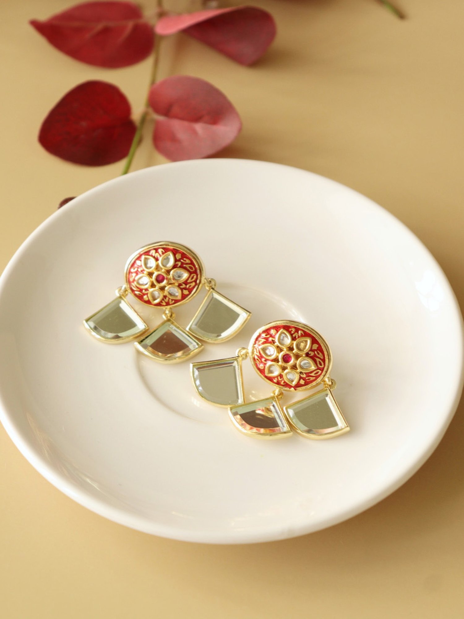 Curio Cottage Aina Floral Red & Golden Mirror Drop Earrings