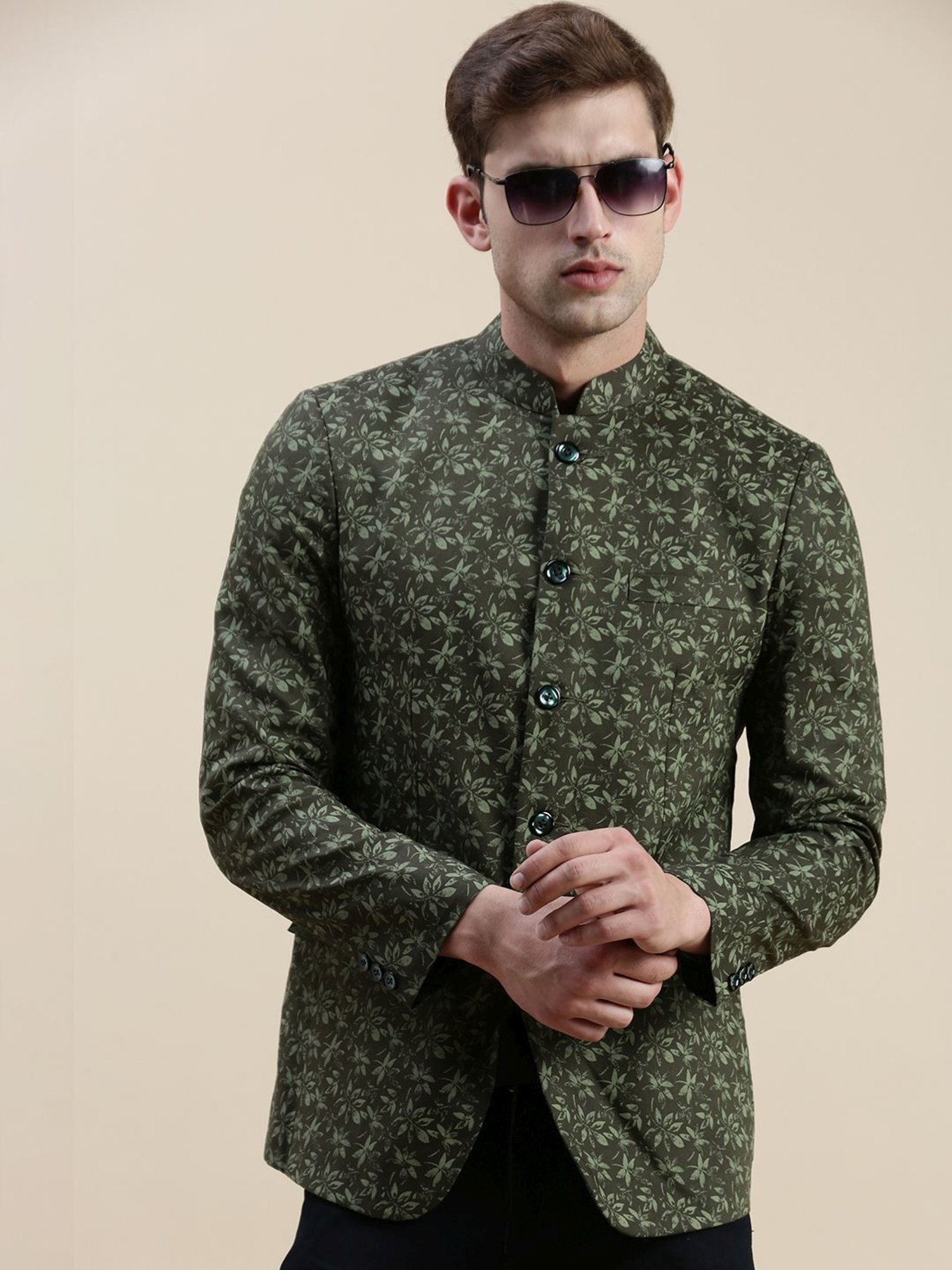 SHOWOFF Olive Slim Fit Printed Blazer