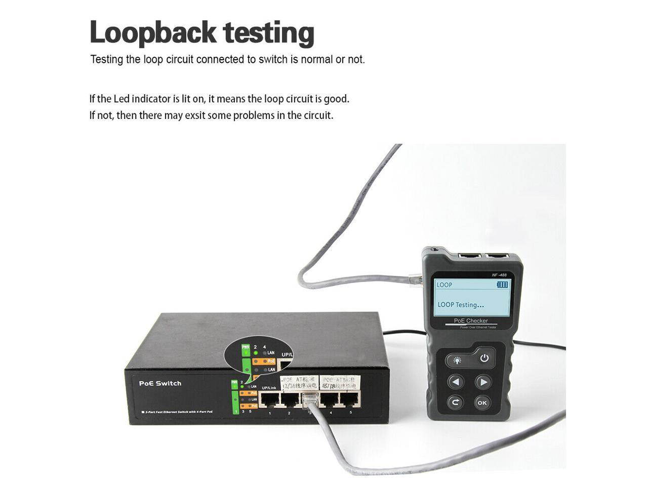 Noyafa NF-488 Inline PoE Voltage and Current Tester with Cable Tester Test polarity  Identify the type of PSE ,Identify the type of PSE, it is af or at standard.