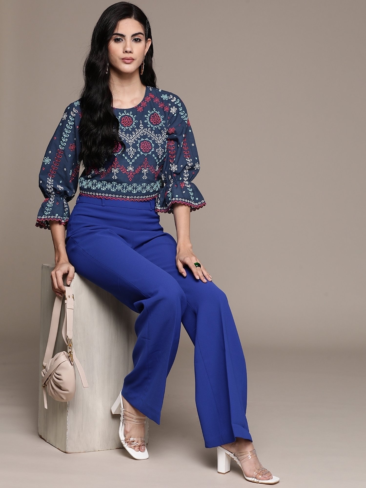 Label Ritu Kumar Navy Blue Cotton Blend Embroidered Crop Top