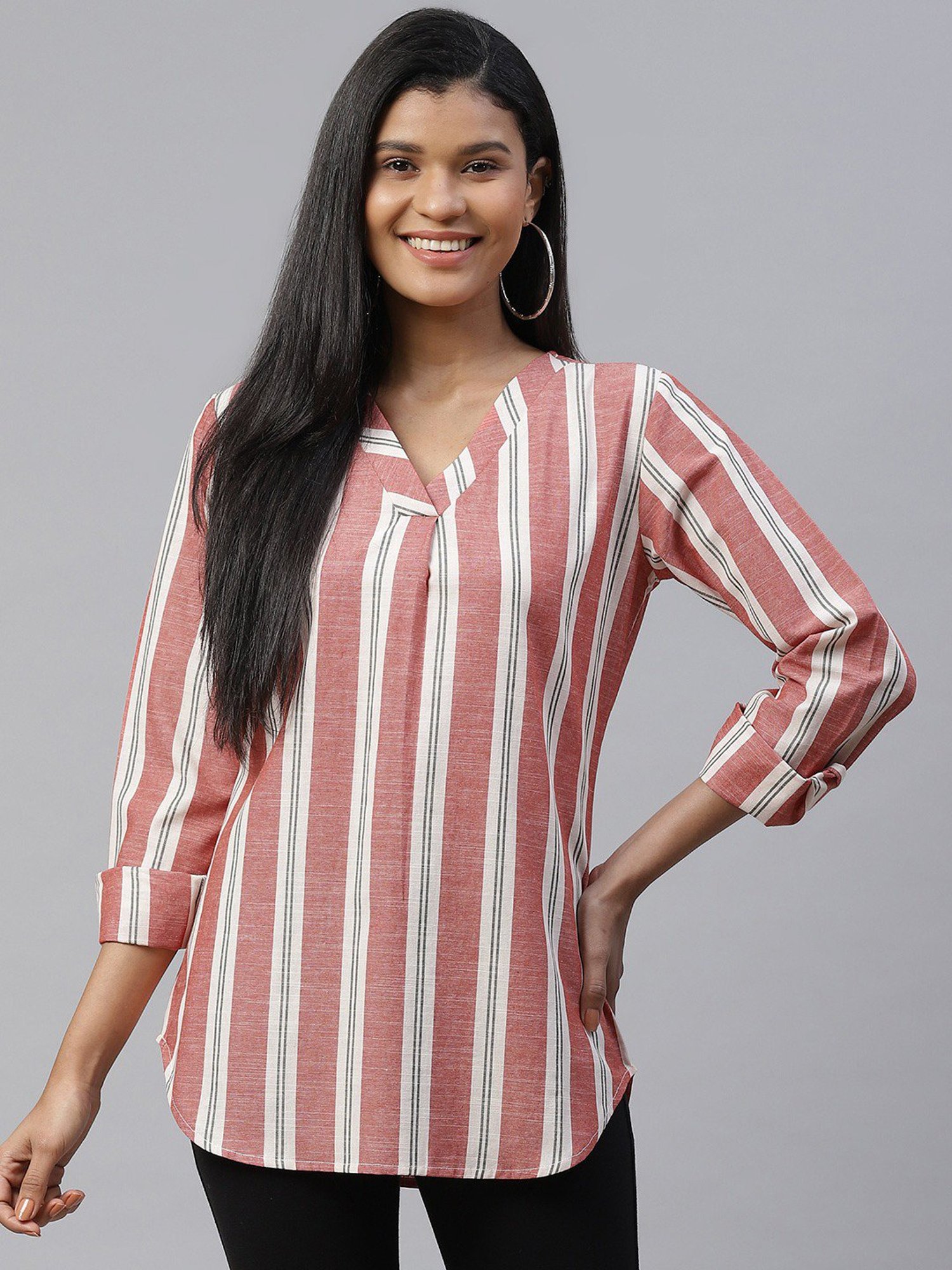 Cottinfab Off White & Red Striped Cotton Top