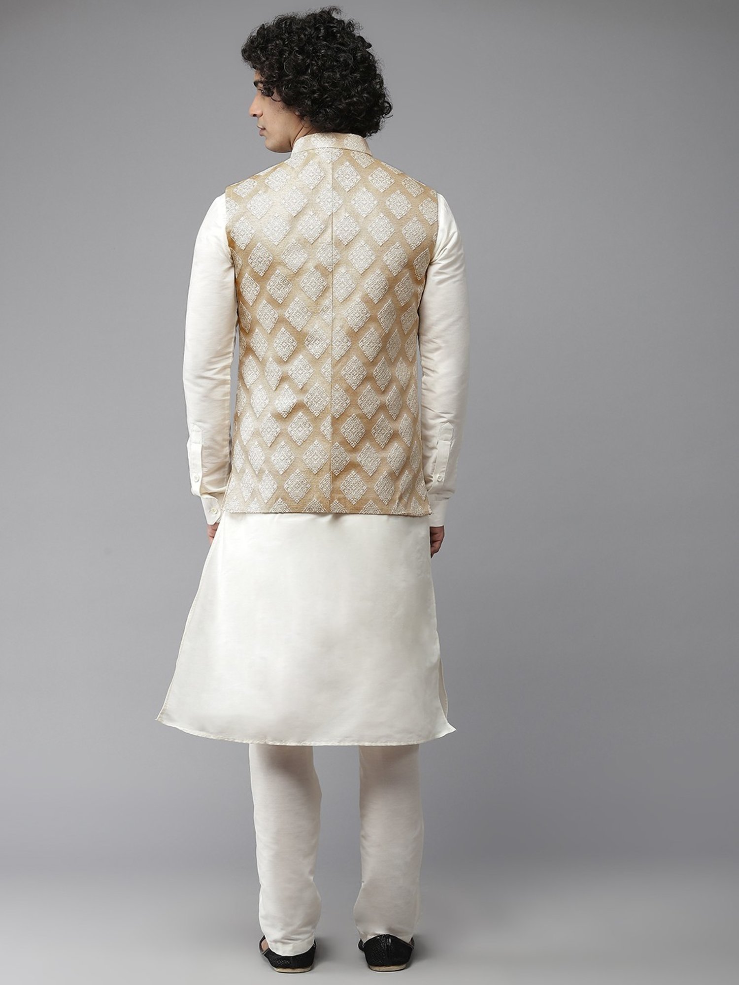 See Designs Gold Regular Fit Self Pattern Nehru Jacket