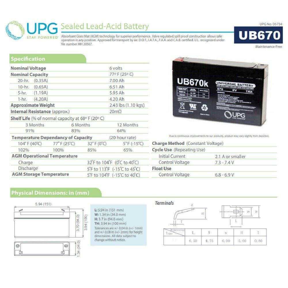 NEW 10 PACK UPG UB670 6V 7AH UPS Battery Lithonia LLBE-1