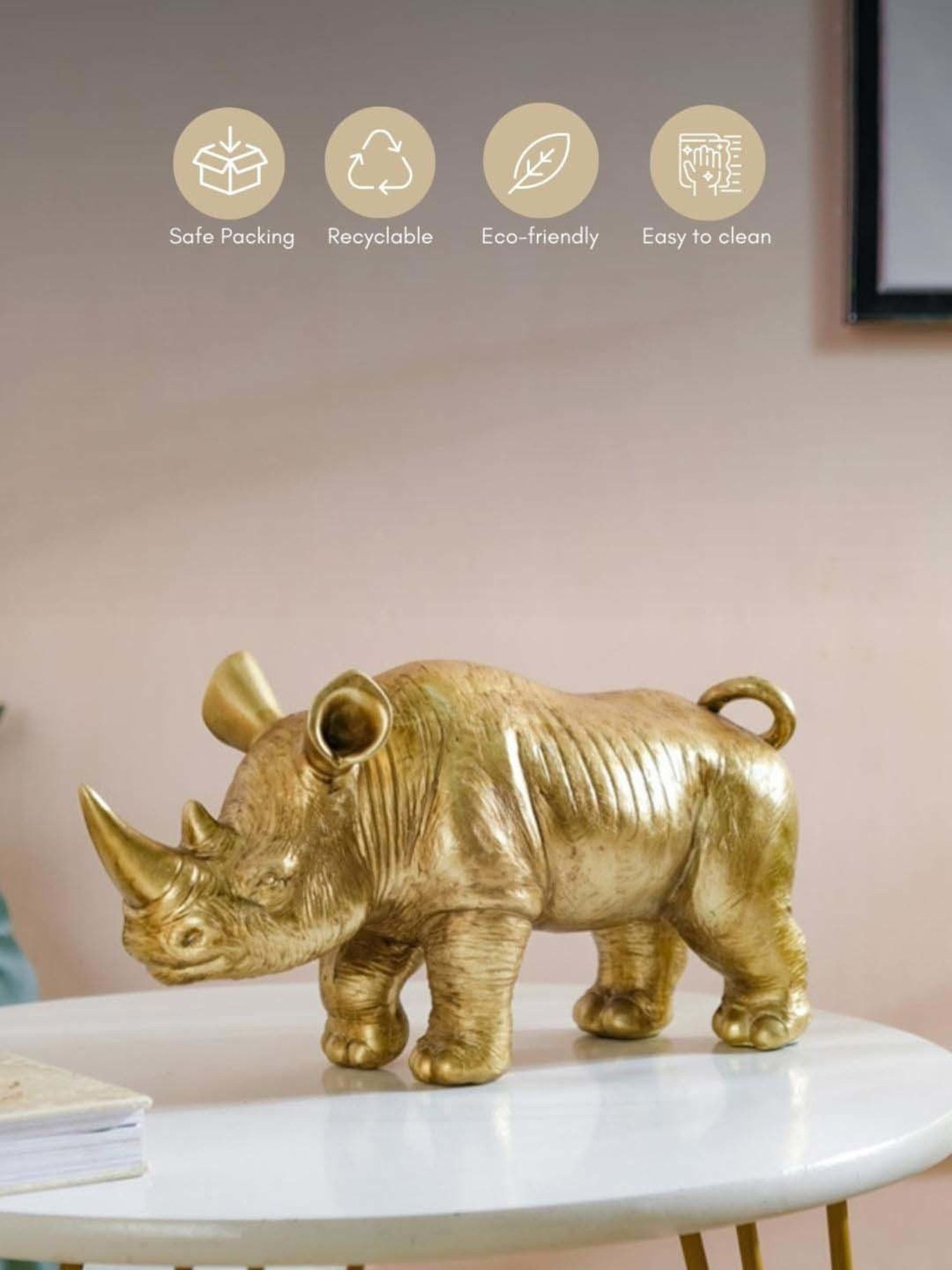Nestasia Golden Durable Resin Made Artistic Rhino Showpiece With Anti-Skid Base Perfect For Gifting