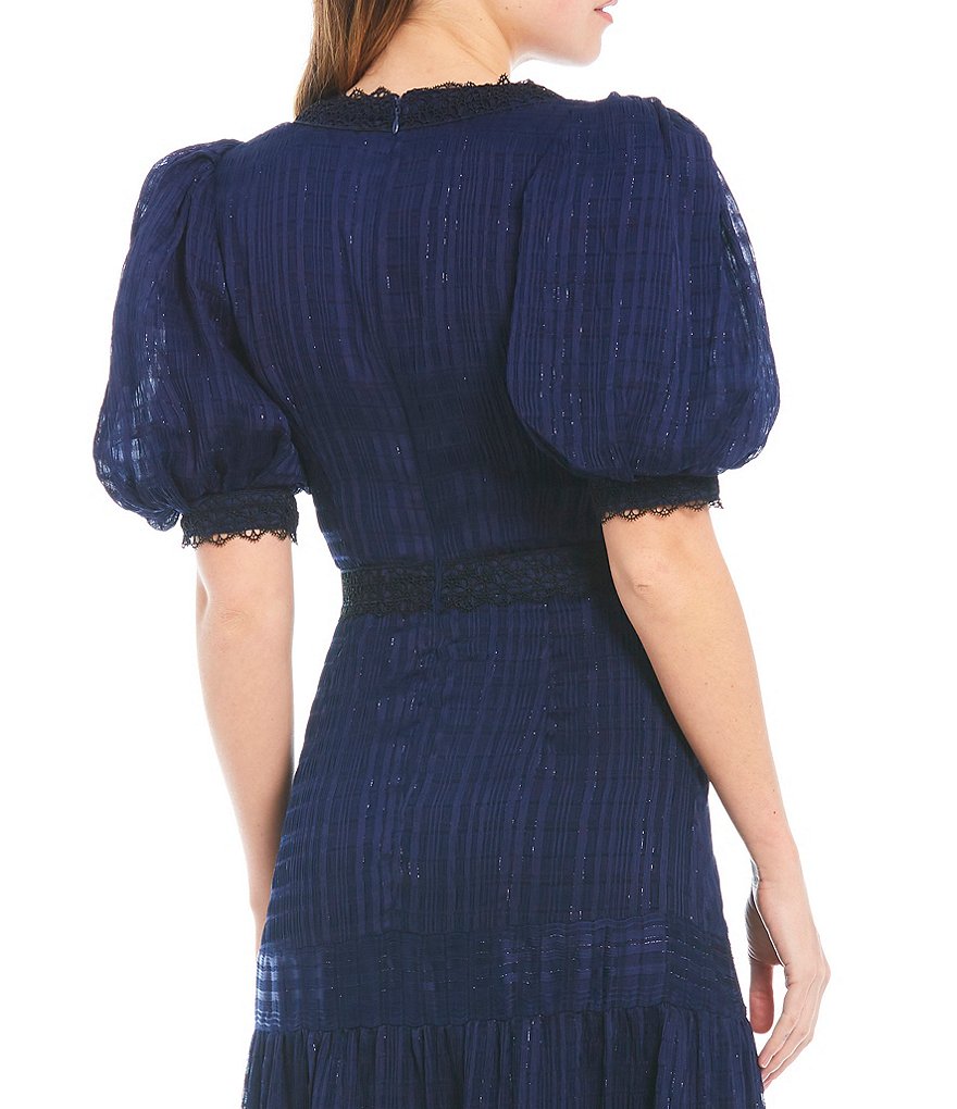 Belle Badgley Mischka Willow Lace Trim Volume Sleeve Maxi Dress