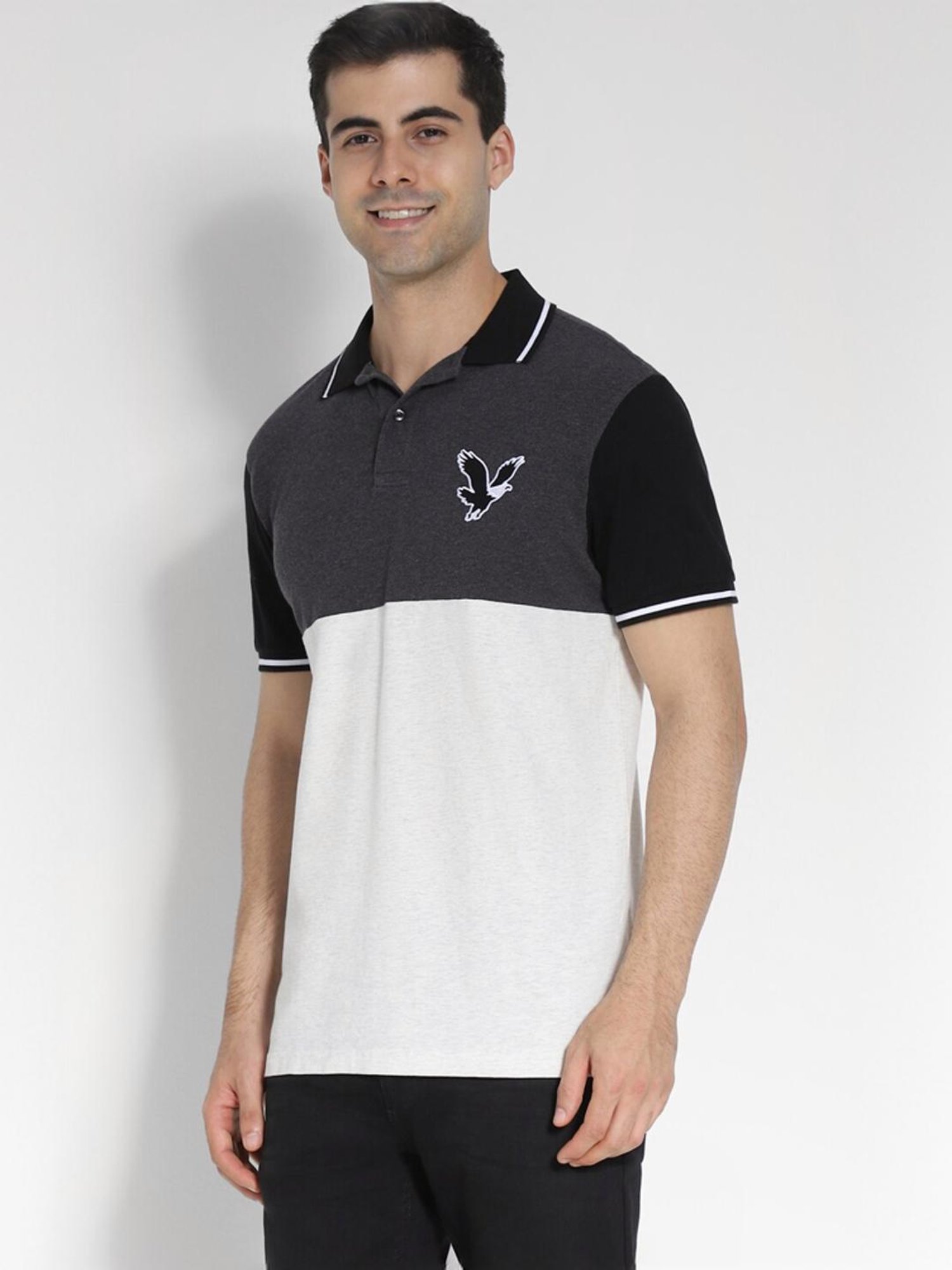 American Eagle Grey Regular Fit Colour Block Polo T-Shirt