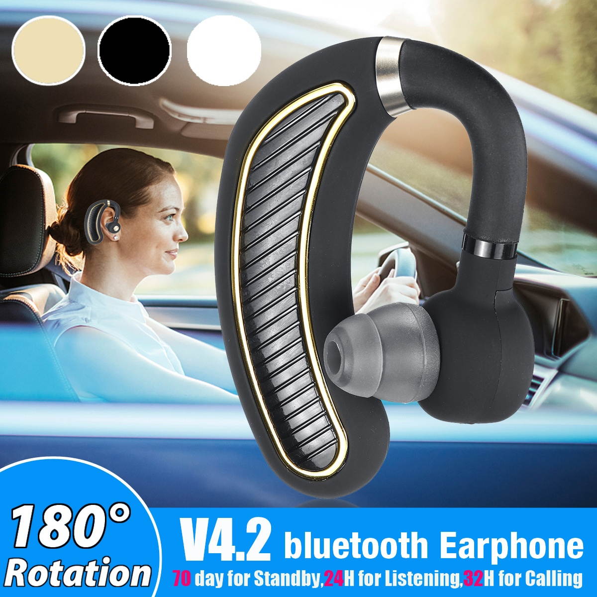 Wireless bluetooth Hanging In-ear Earpiece Stereo Mini Headset Earbud - Black