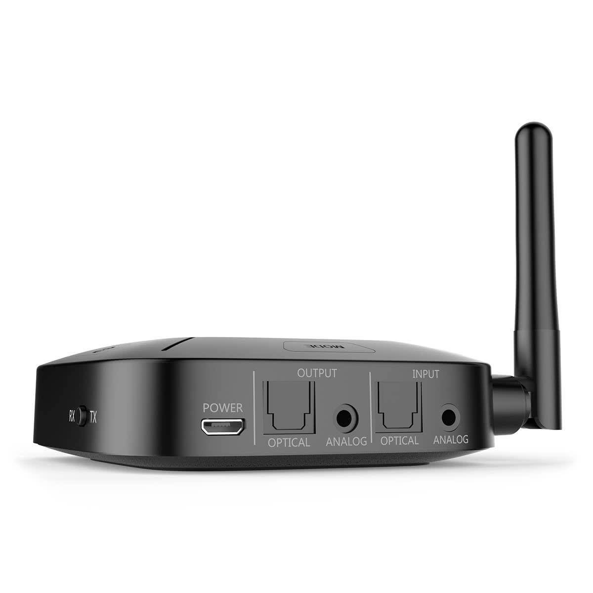 mee audio connect hub universal dual headphone and speaker bluetooth audio transmitter and receiver for tv with aptx low latency, optical and analog passthrough, extended range, and volume boost