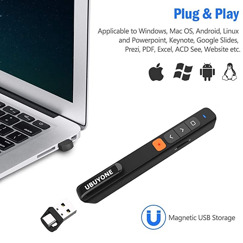 Wireless Presenter RF2.4G Hz Type-c PowerPoint Remote Control Presentation Clicker with Hyperlink &Volume Control &Type-c to USB Receiver Pointer (1 pcs Battery)