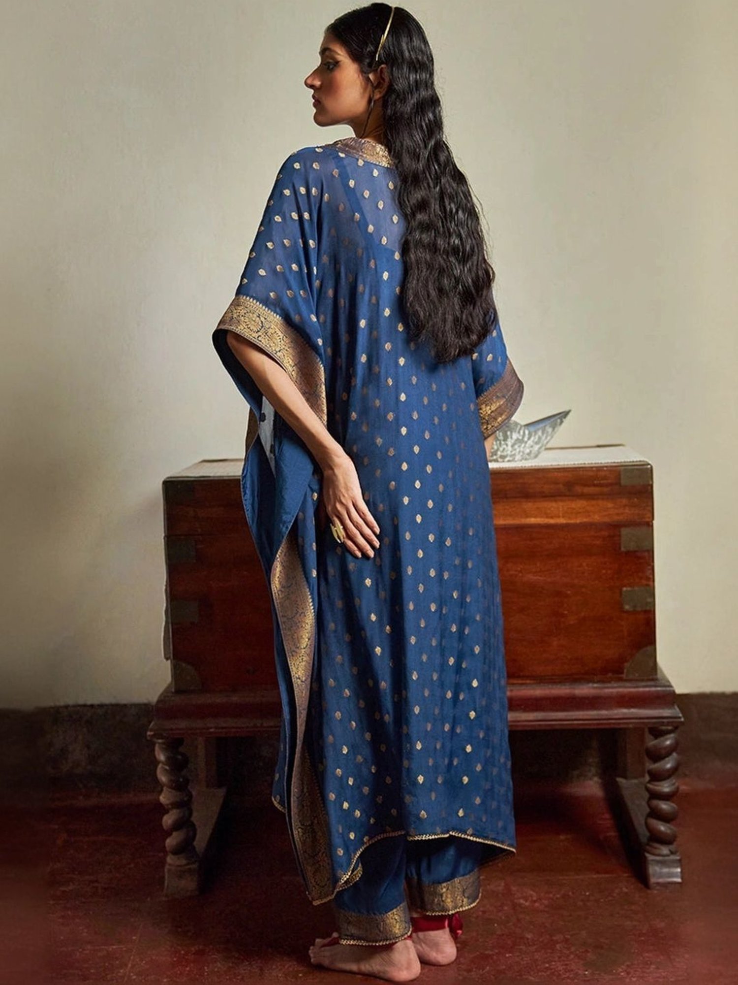 Ganga Fashions Blue Opal Woven Kaftan with Pant