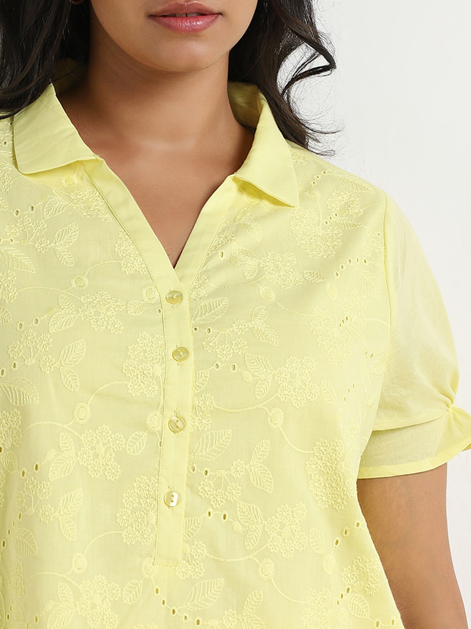 Gia by Westside Yellow Floral Embroidered Cotton Blouse