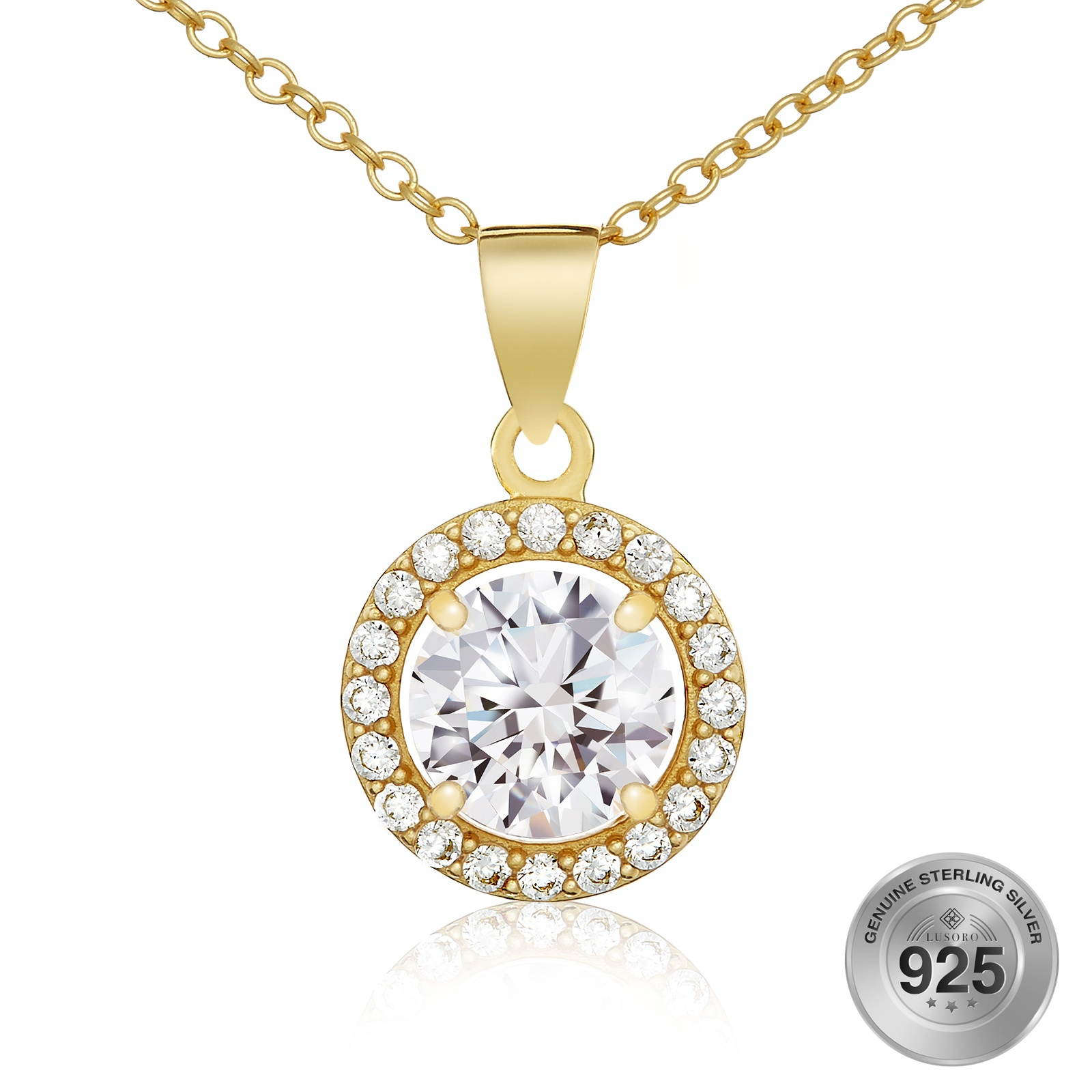 925 Sterling Silver Round Cut AAA CZ Halo Pendant Necklace for Women 18"