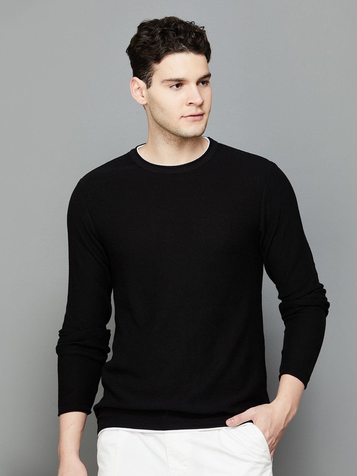 BOSSINI Black Cotton Regular Fit Texture Sweater
