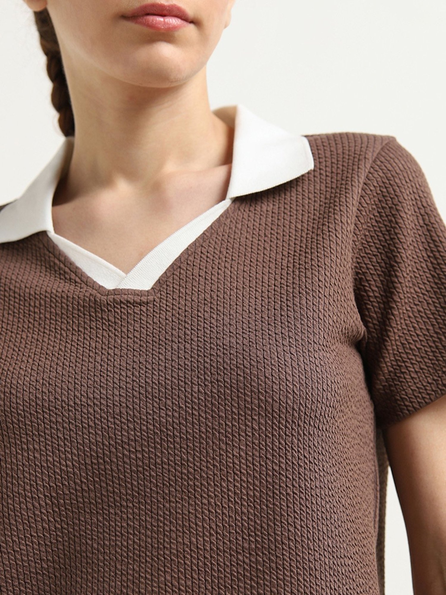 Studiofit by Westside Dark Brown Self-Textured Collared T-Shirt