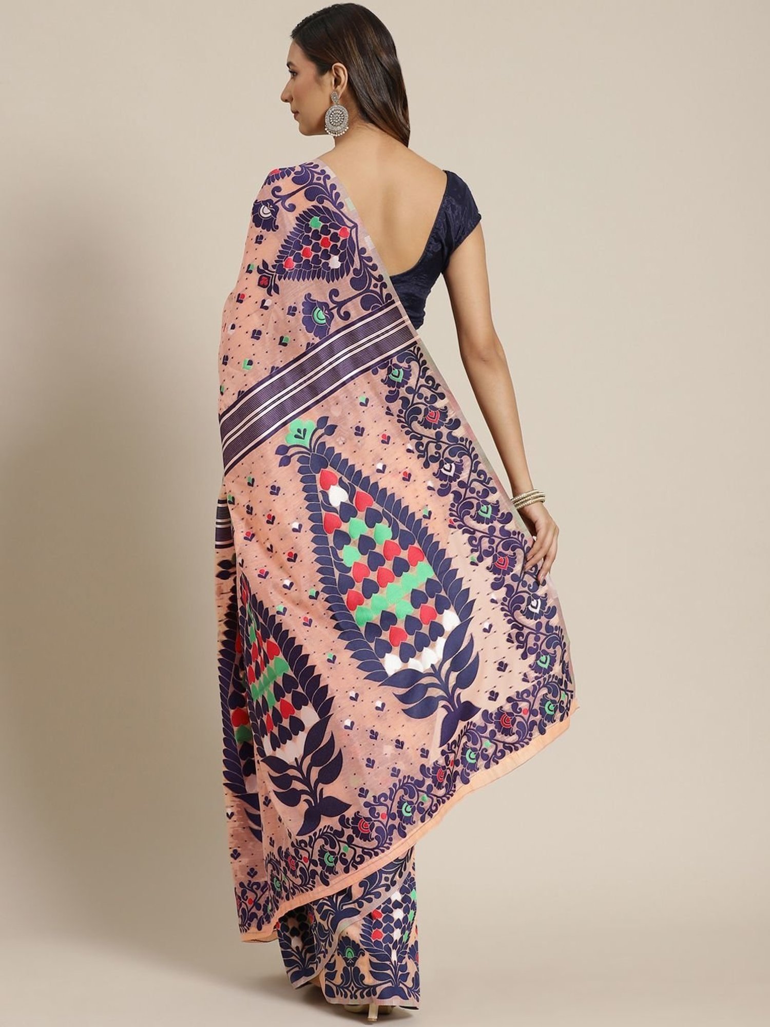 Silk Land Peach Cotton Woven Saree With Unstitched Blouse