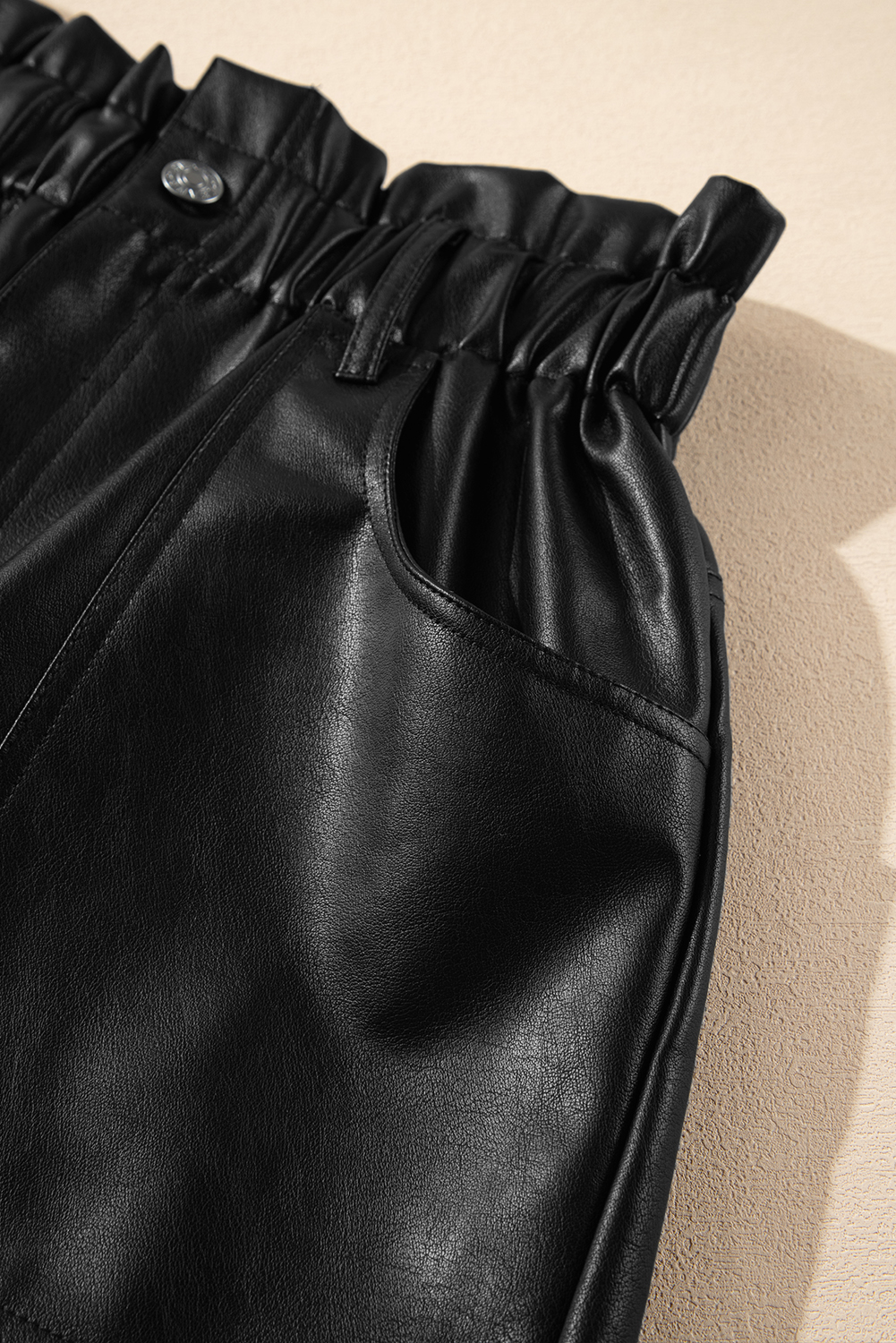 Black Faux Leather Paper Bag Frill Waist Shorts