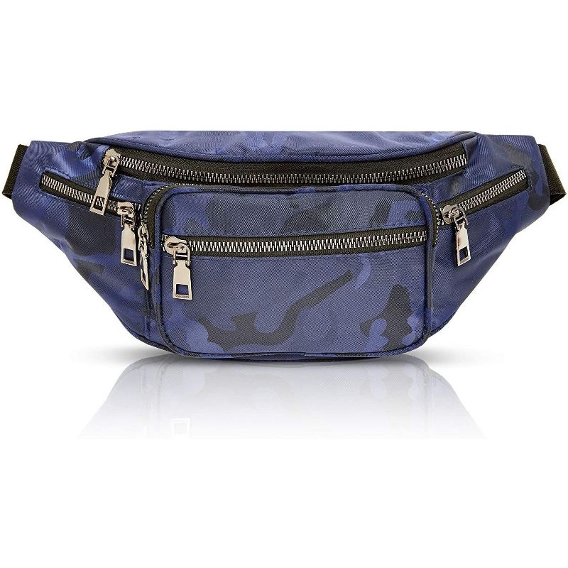 Plus Size Blue Camo Fanny Pack, Waist Bag with Adjustable Waistband 29-49 In