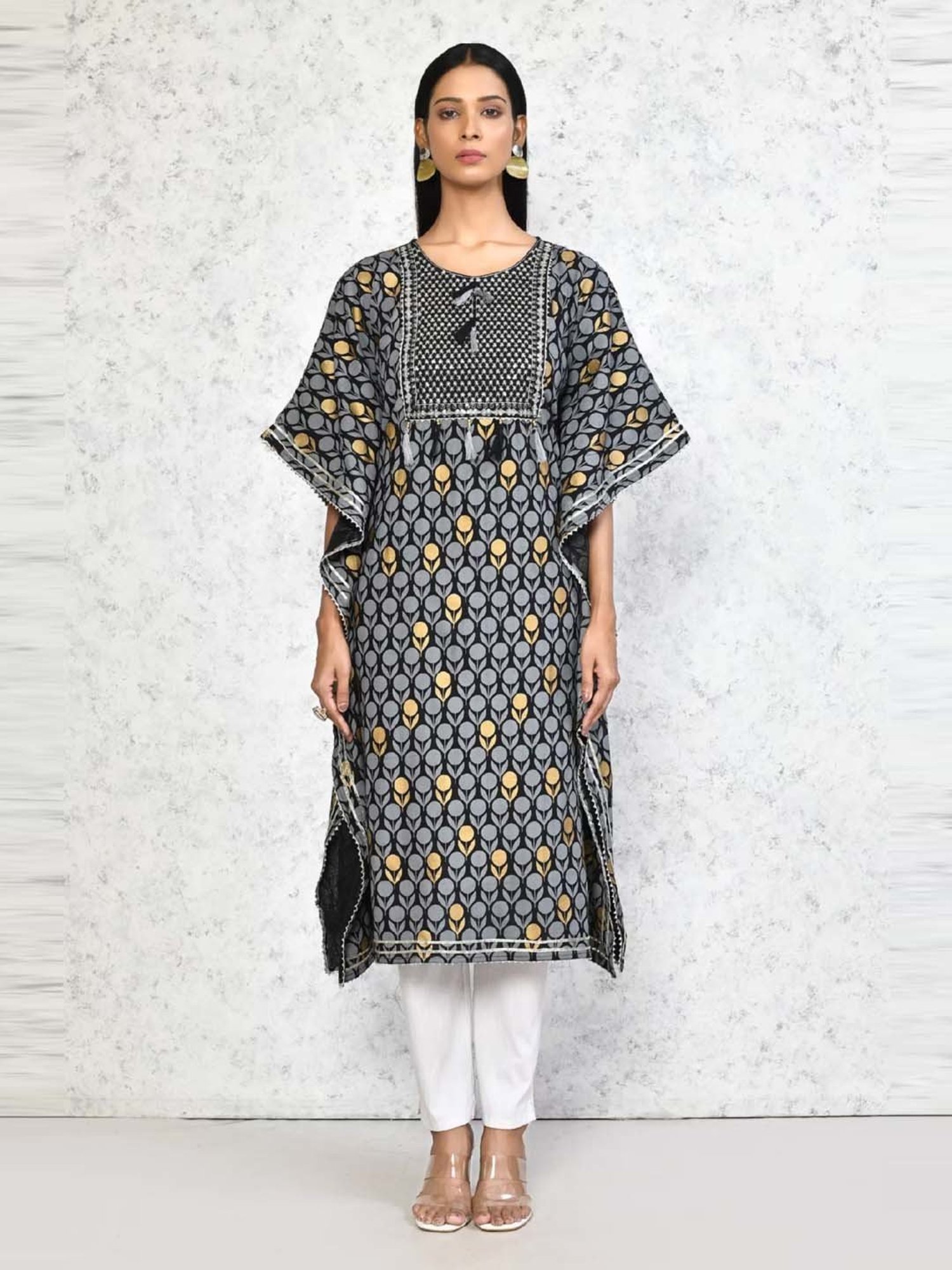 Miravan Black & Grey Cotton Embroidered A Line Kaftan