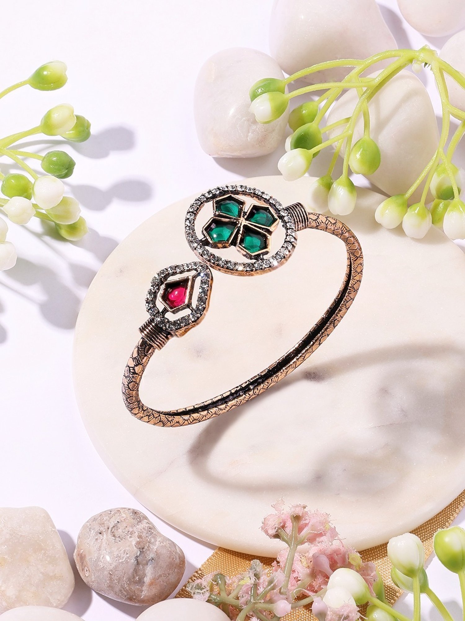 Zaveri Pearls Green & Pink Austrian Diamonds & Stones Embellished Kada Bracelets-ZPFK16890