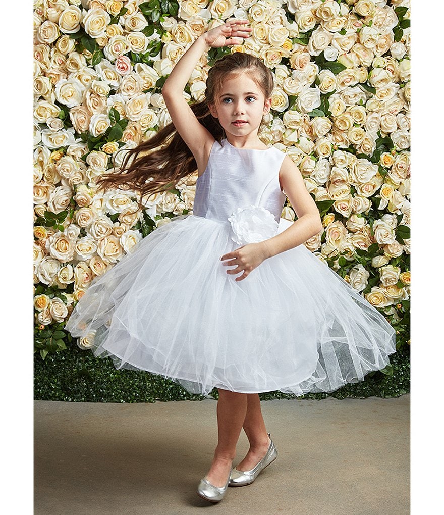 Rare Editions Little Girls 2T-6X Bow-Waist Satin/Jacquard-Stripe Hi-Low Ballgown