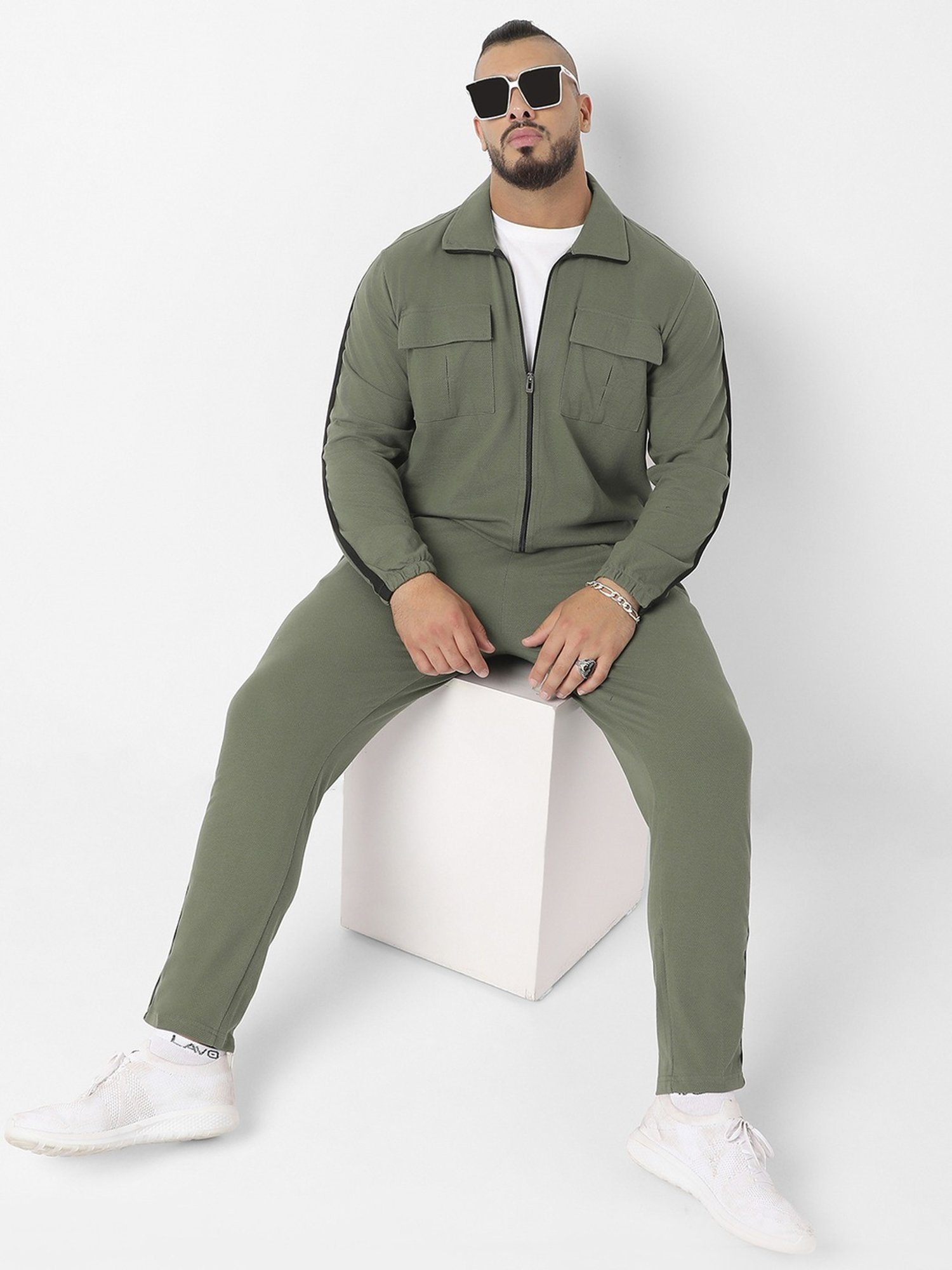 Instafab Plus Olive Green Regular Fit Plus Size Tracksuit