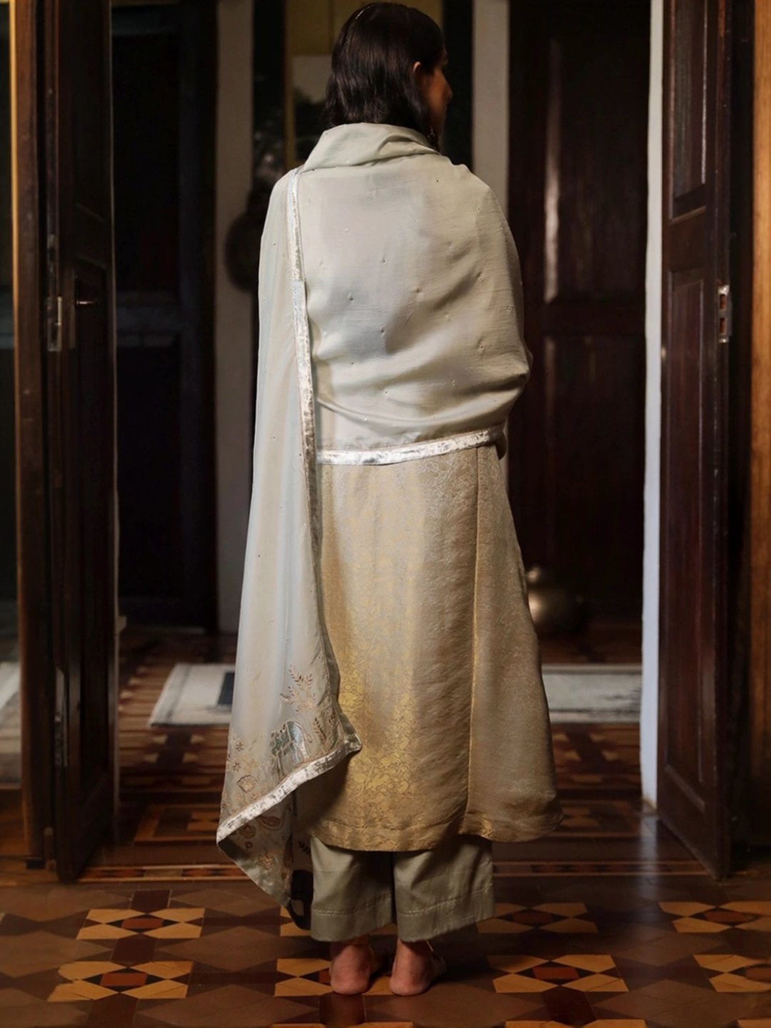 Ganga Fashions Belgian Block Grey and Golden Silk Woven Kurta with Salwar and Dupatta