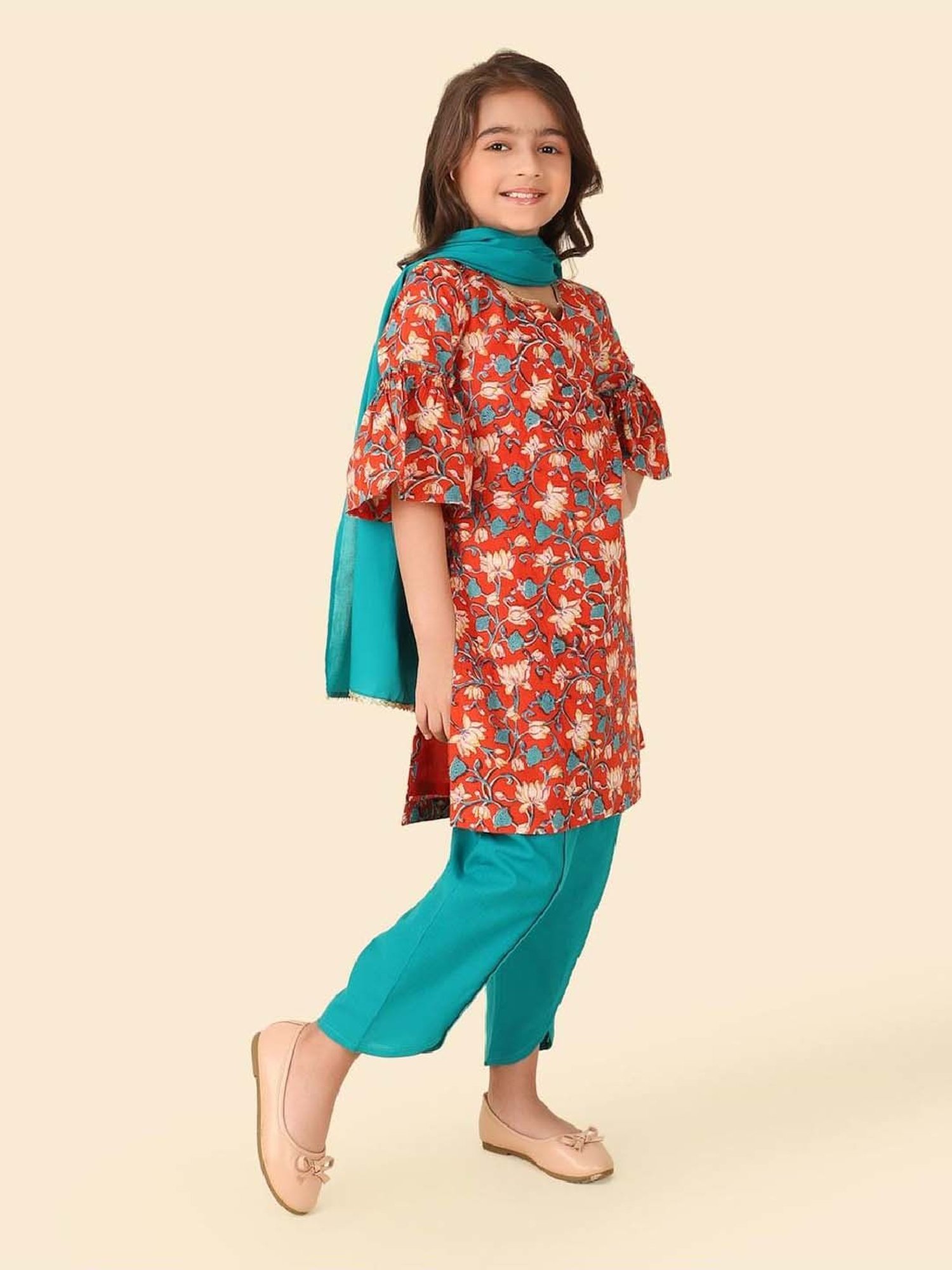 Fabindia Girls Rust & Blue Cotton Printed Salwar Set