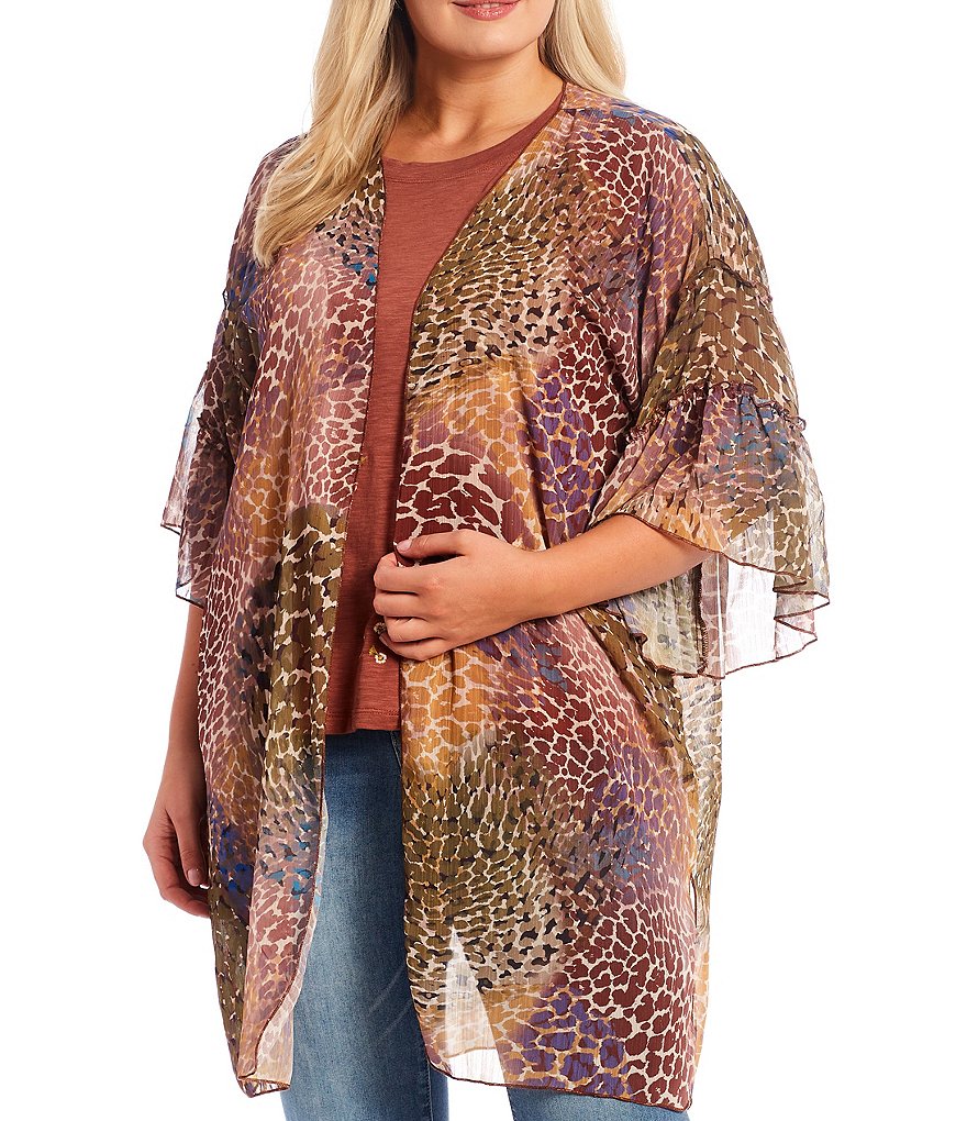 Democracy Plus Size Giraffe Patchwork Print 3/4 Ruffle Sleeve Open-Front Kimono