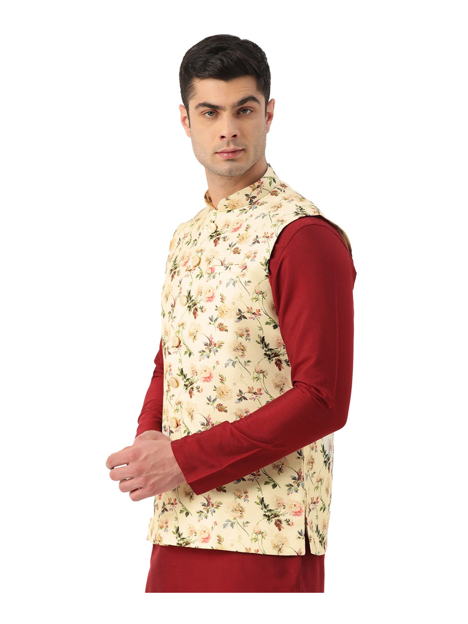 Manyavar Cream Floral Print Ethnic Jacket