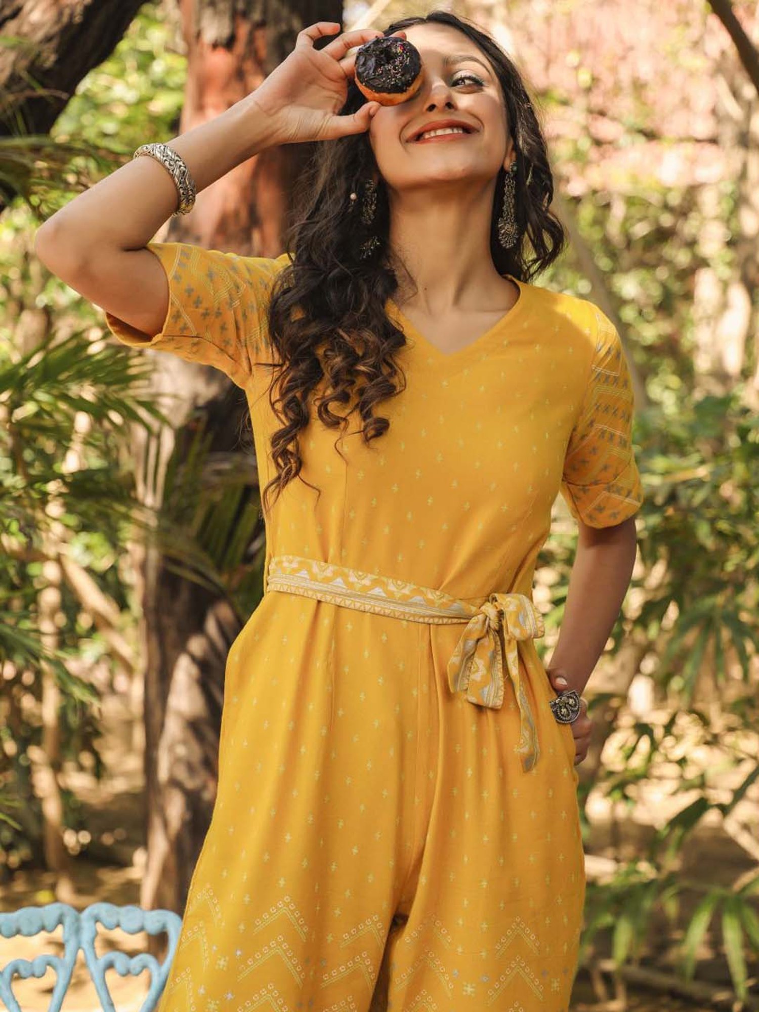 Juniper Mustard Ethnic Motif Printed Rayon Flex Jumpsuit