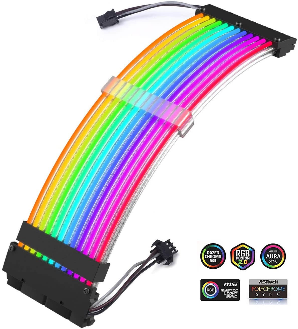 UKCOCO Power Supply Sleeved Cable, 24 Pin ATX ARGB Cable Extension Kit 16AWG, 5V 3Pin Synchronized PSU Cable for RGB Software from All Major Motherboard Cable Management
