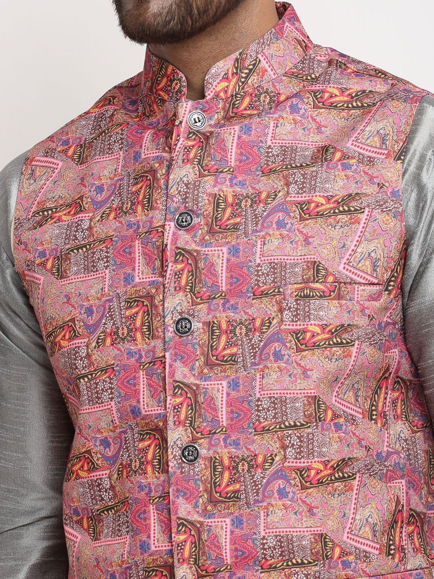 Benstoke Grey & Pink Regular Fit Printed Kurta Set With Jacket