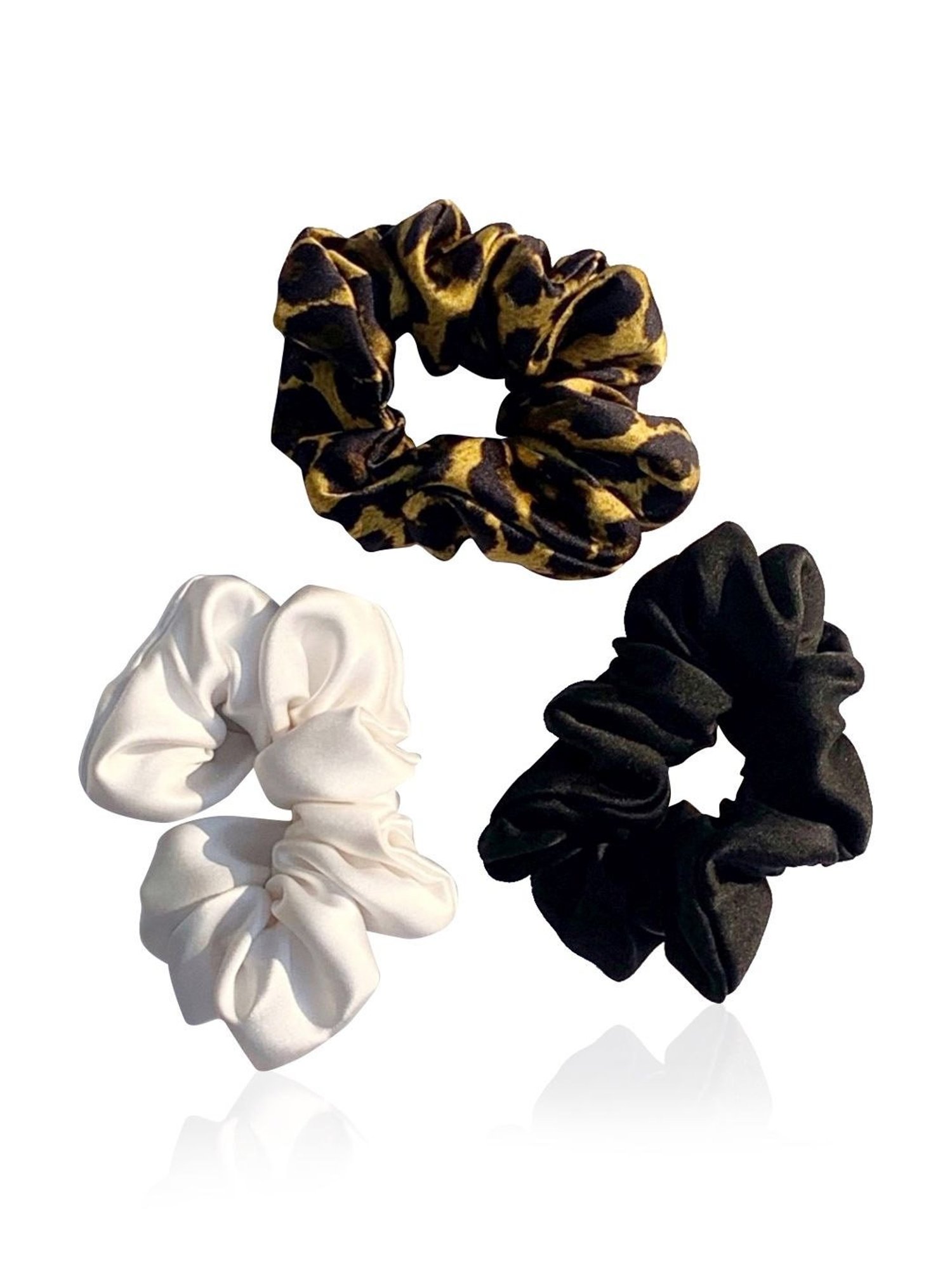 Ahe Naturals Mulberry Silk Hair Scrunchies Set of 3 Leopard Print, Pearl, Jet Black