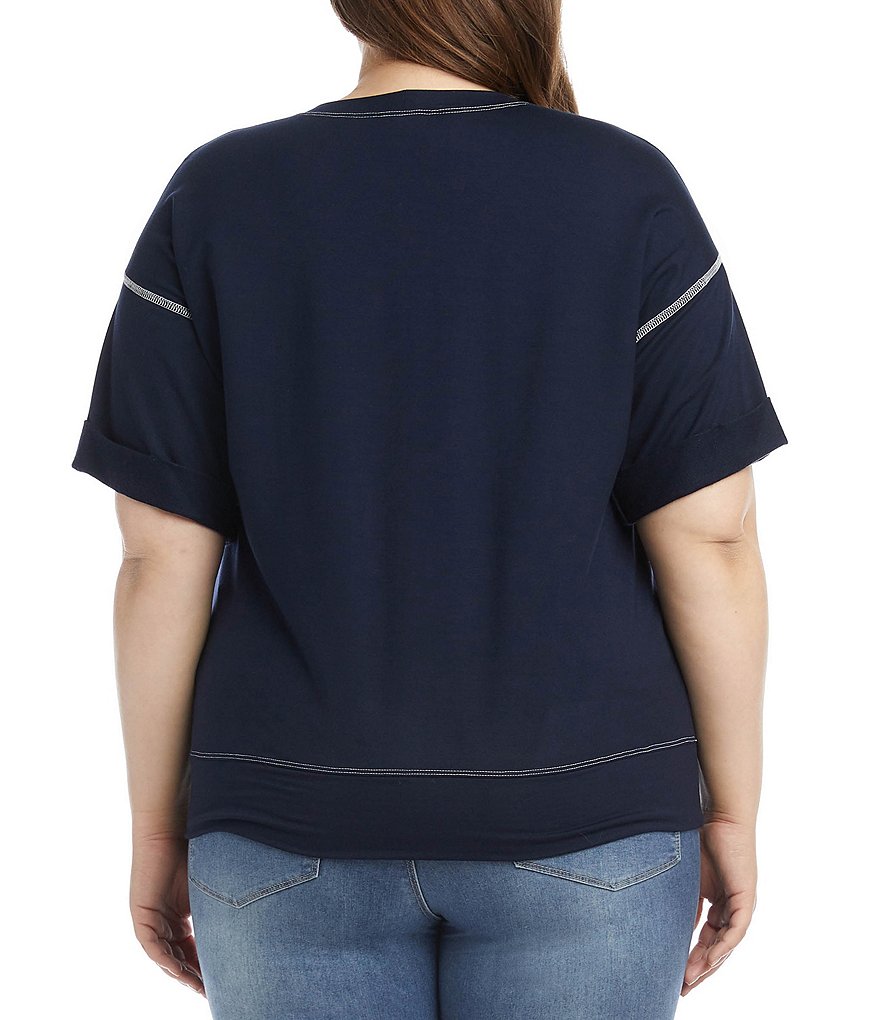 Karen Kane Plus Size Contrast Stich Crew Neck Drop Shoulder Cuffed Short Sleeve French Terry Tee