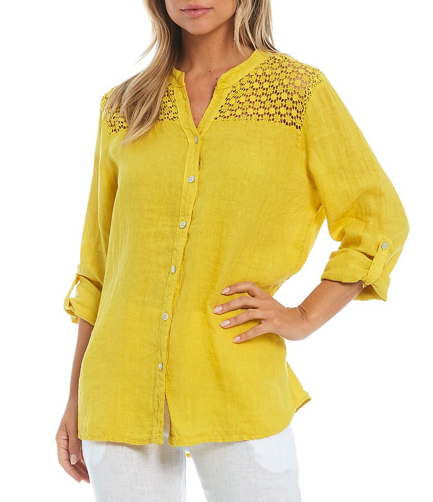 M Made in Italy Roll Tab Crochet Trim Button Front Top