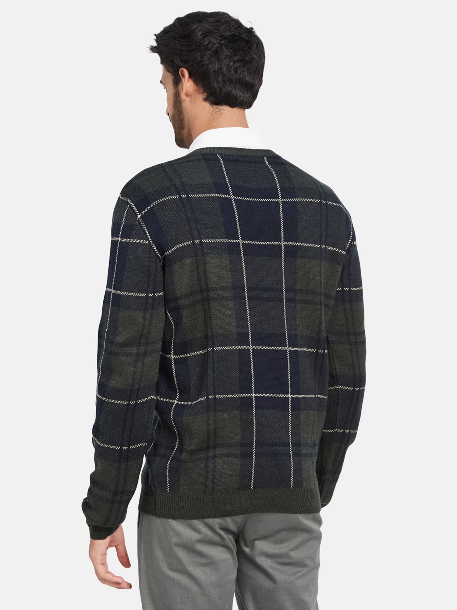 METTLE Olive Melange Regular Fit Check V Neck Sweater