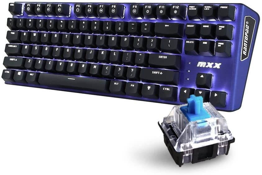 Rantopad MXX Mechanical Gaming Keyboard - 87 Keys,White Backlit, Blue Switches, Blue Aluminum Cover, N-Key Rollover