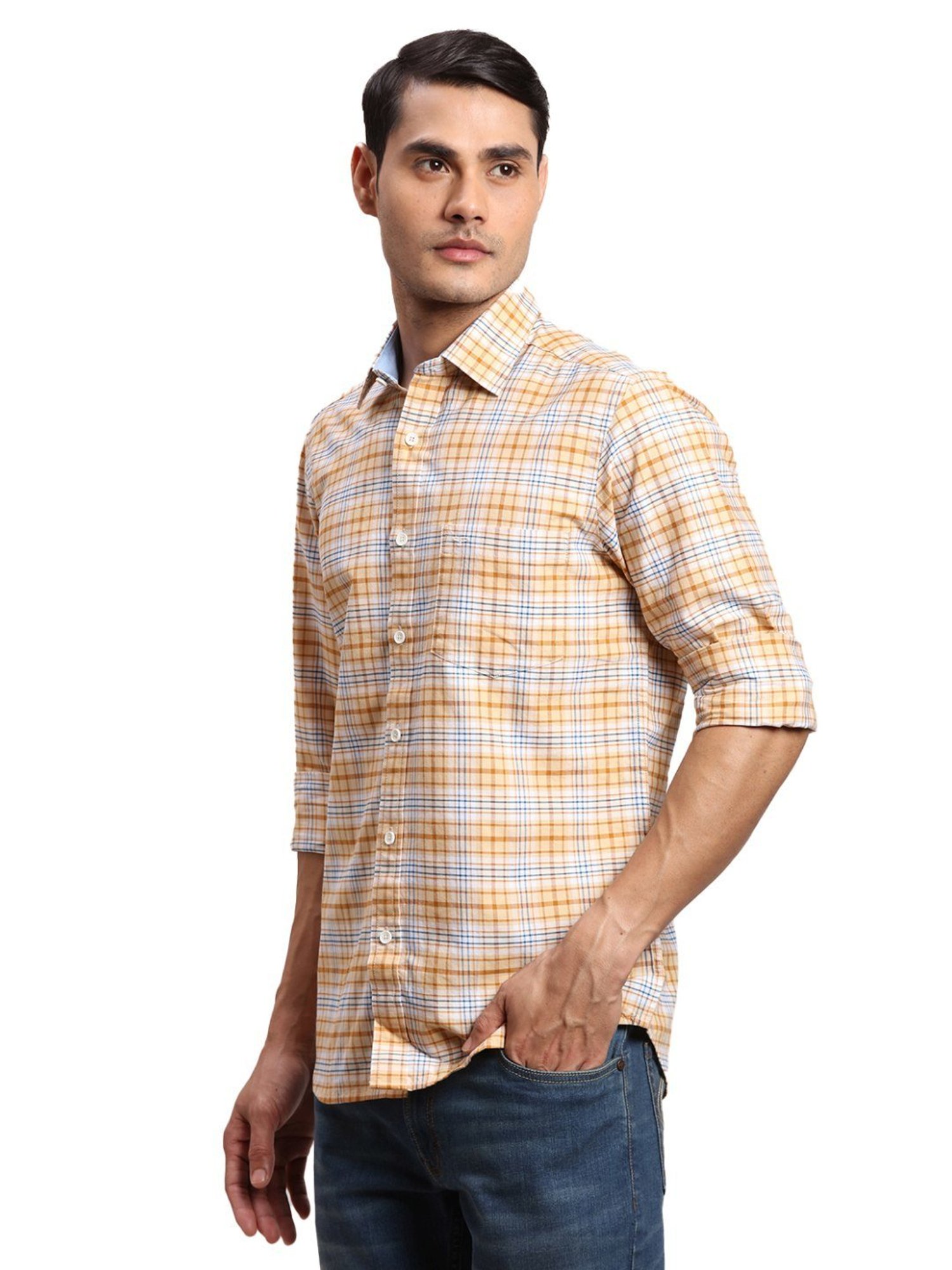 ColorPlus Yellow Cotton Regular Fit Checks Shirt