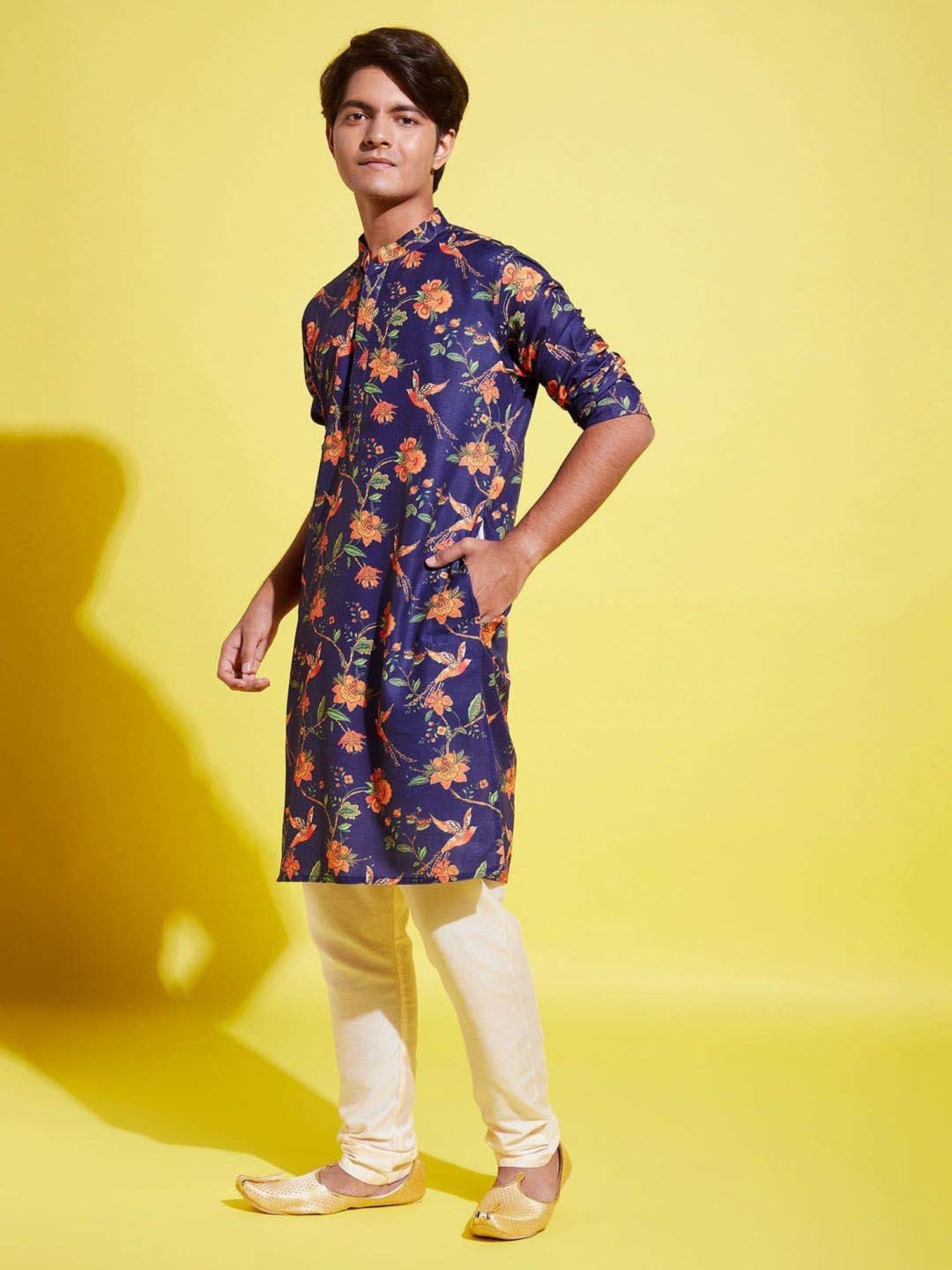 VASTRAMAY Boys Navy & Cream Floral Full Sleeves Kurta Sets