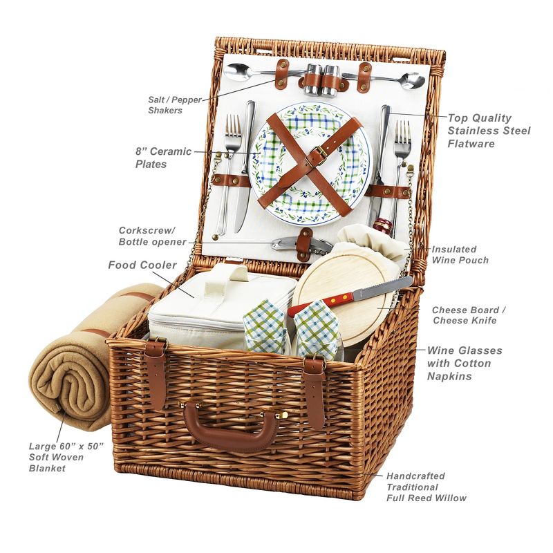 Picnic at Ascot Cheshire English- Style Willow Picnic Basket with Service for 2 and Blanket - Gazebo