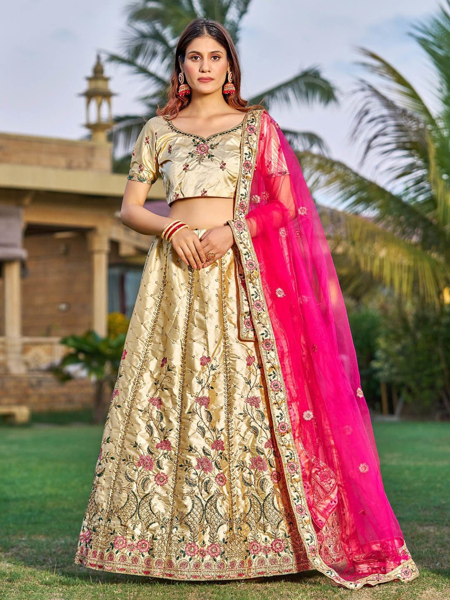 Silk Land Beige & Blue Woven Pattern Semi Stitched Lehenga Choli Set With Duppata